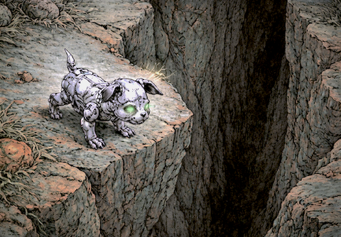 a small dog near deep crack