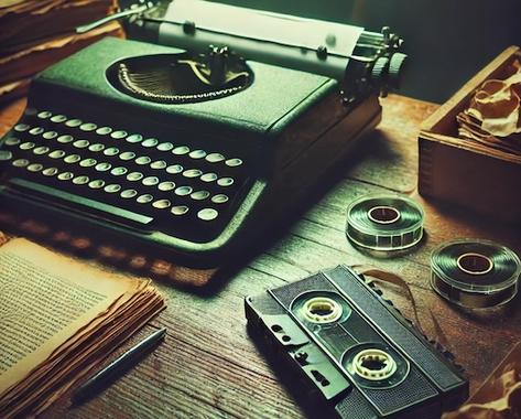wooden desk with typewriter